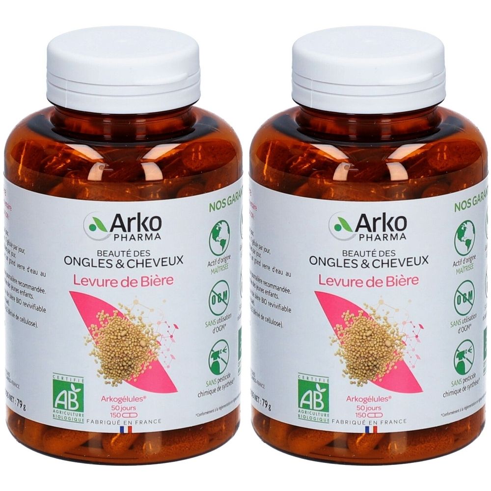 Deux flacons bruns avec bouchons blancs. Étiquettes : Arko Pharma, Levure de Bière. Certification AB. 150 gélules.