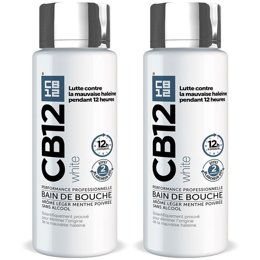 Cb12+-+Bain+de+bouche+White+-+Dents+plus+blanches+-+12+heures+d’haleine+fraiche+-+Sans+alcool+-+Arome+leger+de+menthe+poivree+-+Flacon+250+ml