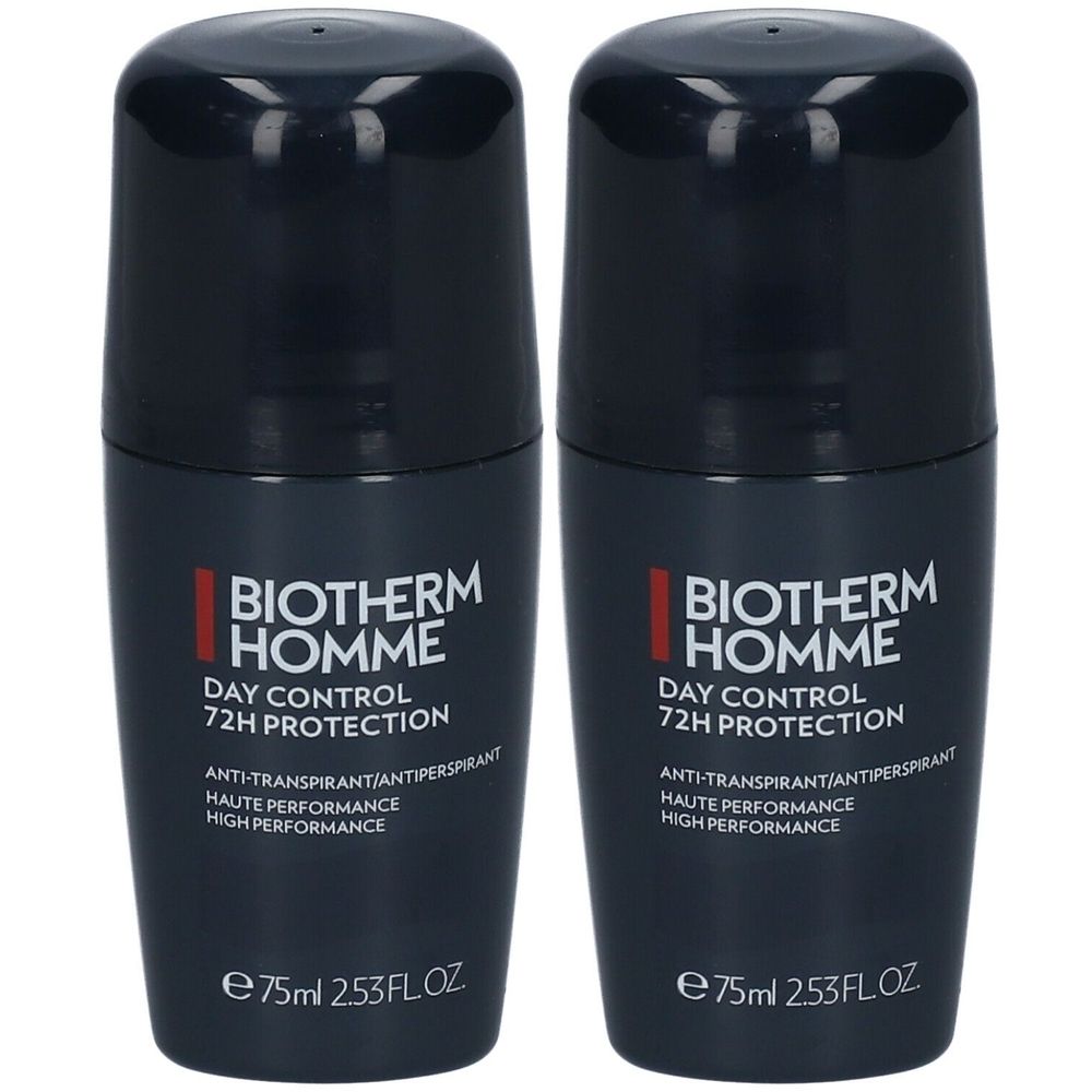 Deux déodorants roll-on. Flacons bleu foncé avec bouchon noir. Inscription: BIOTHERM HOMME, DAY CONTROL, 72H PROTECTION. Texte: Anti-transpirant, Haute Performance.