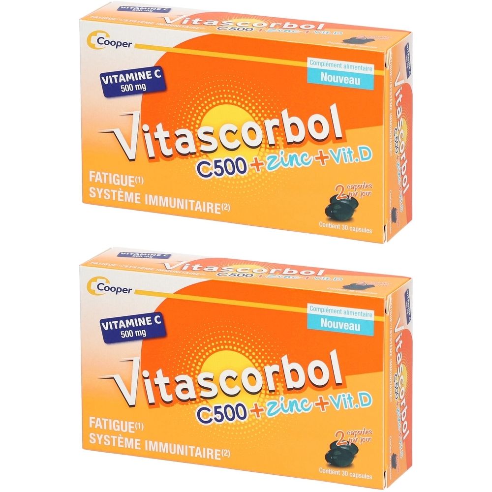 Deux boîtes de Vitascorbol. Emballage orange avec nom et ingrédients. Contient 30 capsules.