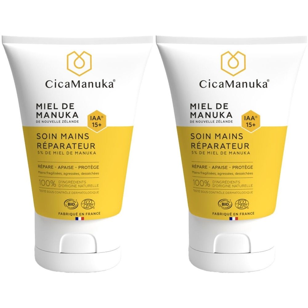 Deux tubes de crème pour les mains CicaManuka®. Inscription : Miel de Manuka, Soin Mains Réparateur. Certification IAA15+.