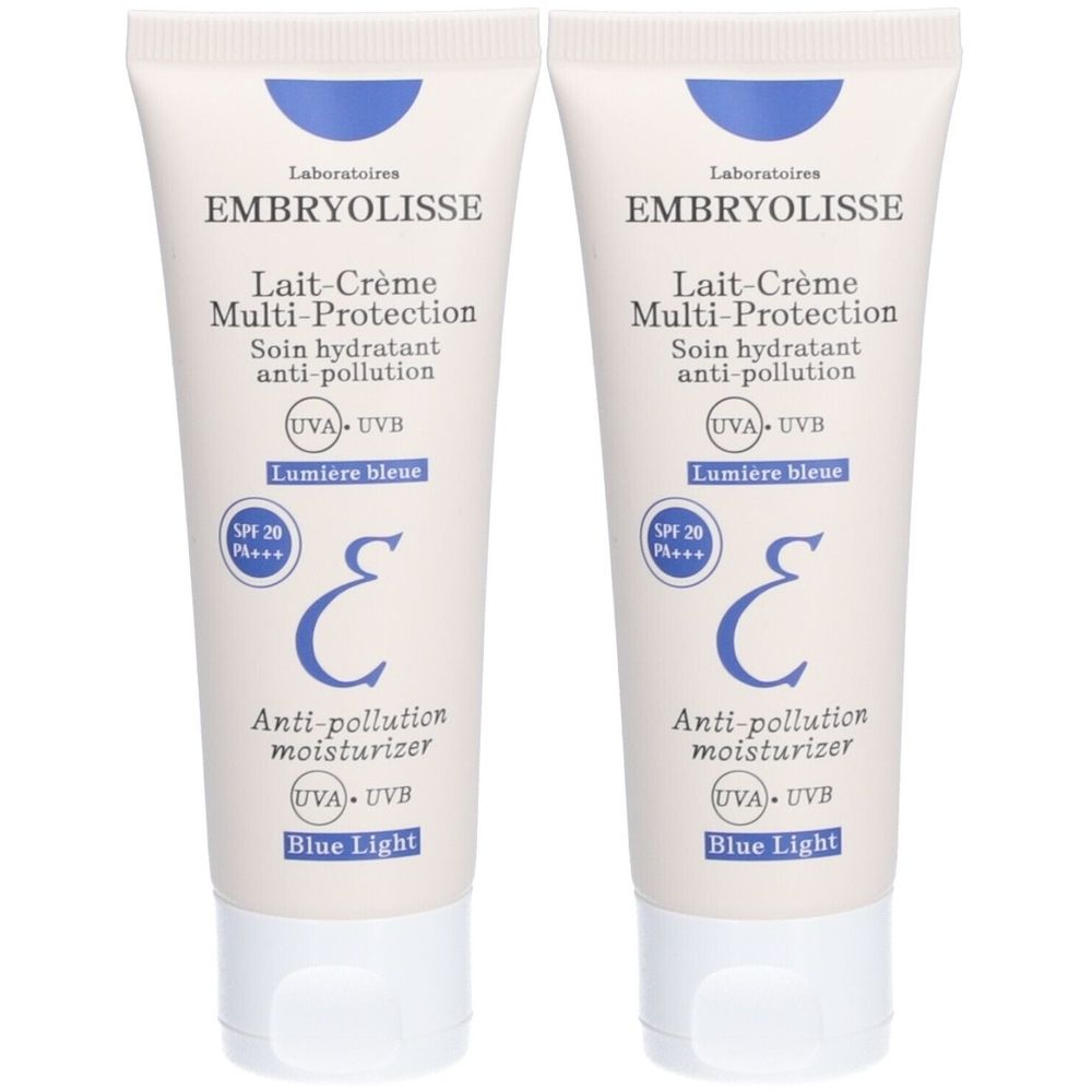 Zwei Tuben Embryolisse Lait-Crème Multi-Protection. Weiße Tuben mit blauer Schrift und Logo. Enthält SPF 20 und Anti-Pollution.
