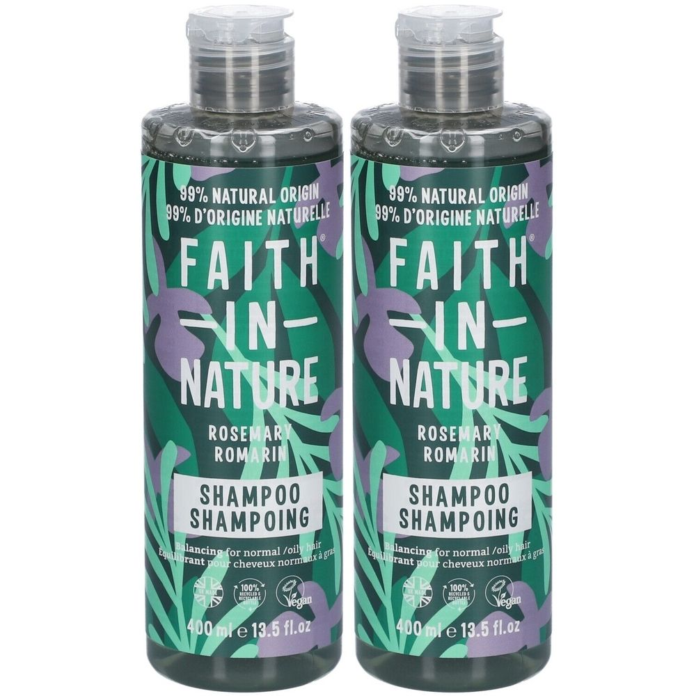 Zwei Flaschen Shampoo mit grünem Etikett. Aufschrift: FAITH IN NATURE, ROSEMARY, SHAMPOO. 99% natürlichen Ursprungs. Vegan.