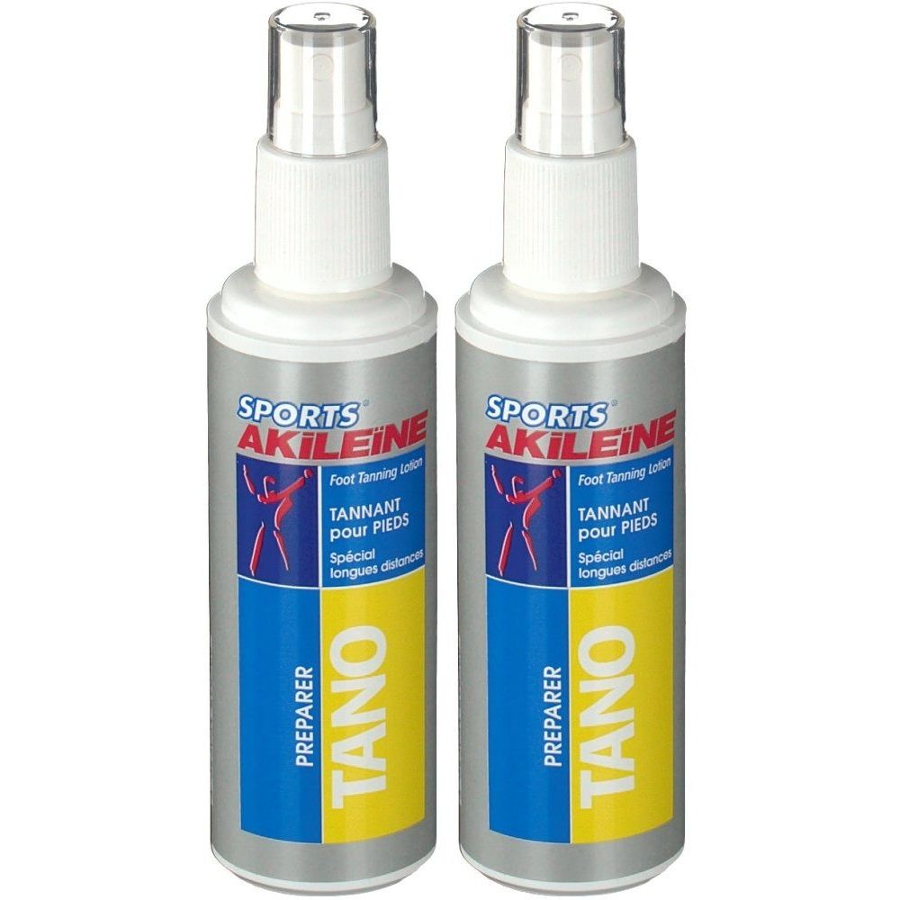 Deux flacons spray avec tête blanche et étiquette argentée. Inscription : Sports Akileïne, TANO, Tannant pour pieds.