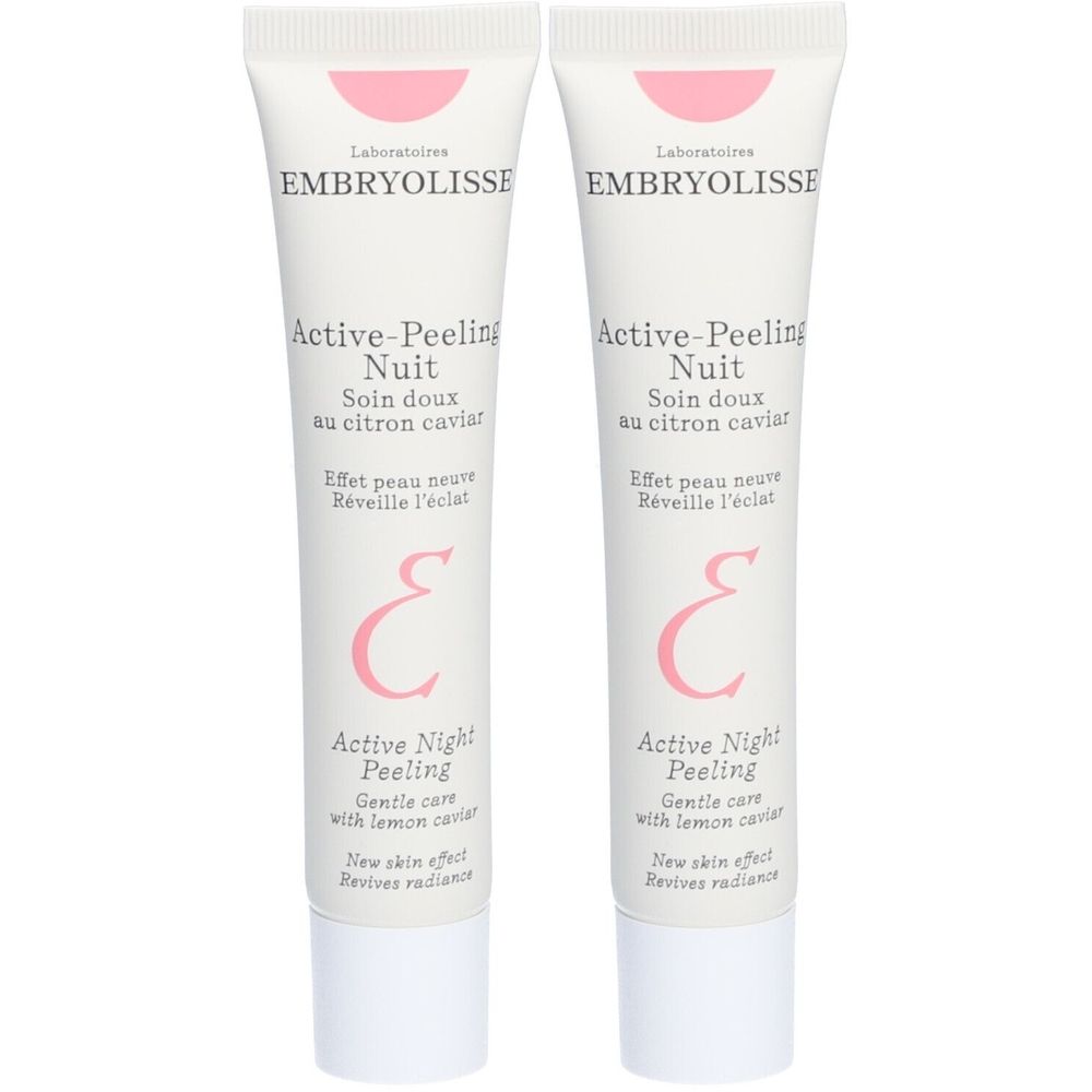 Zwei Tuben Active-Peeling Nuit. Weiße Tuben mit rosa Akzenten und Schriftzug. Enthält Informationen über die Inhaltsstoffe und die Marke Embryolisse.