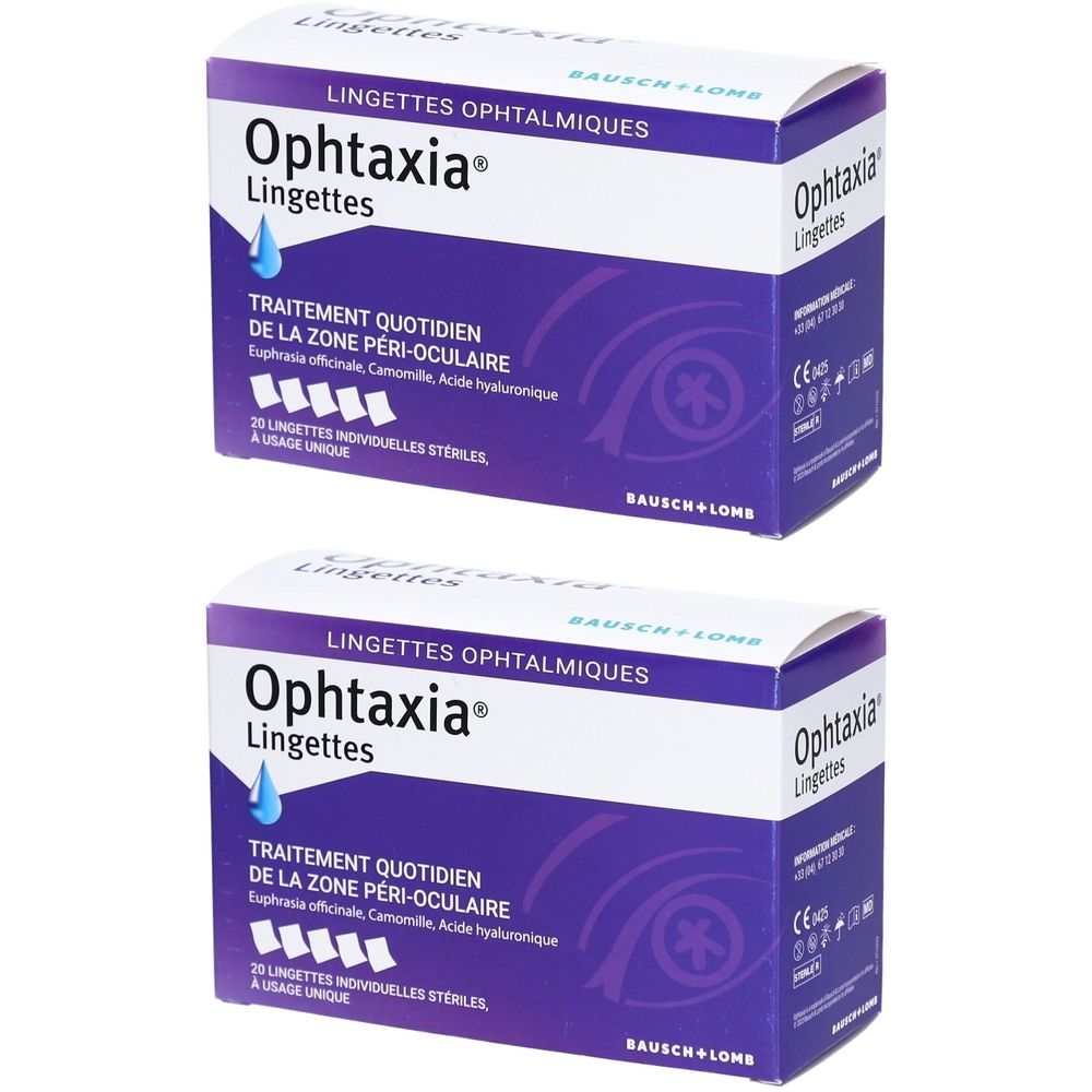 Deux boîtes de lingettes Ophtaxia. Boîtes blanches avec accents violets et nom du produit. Logo Bausch+Lomb.