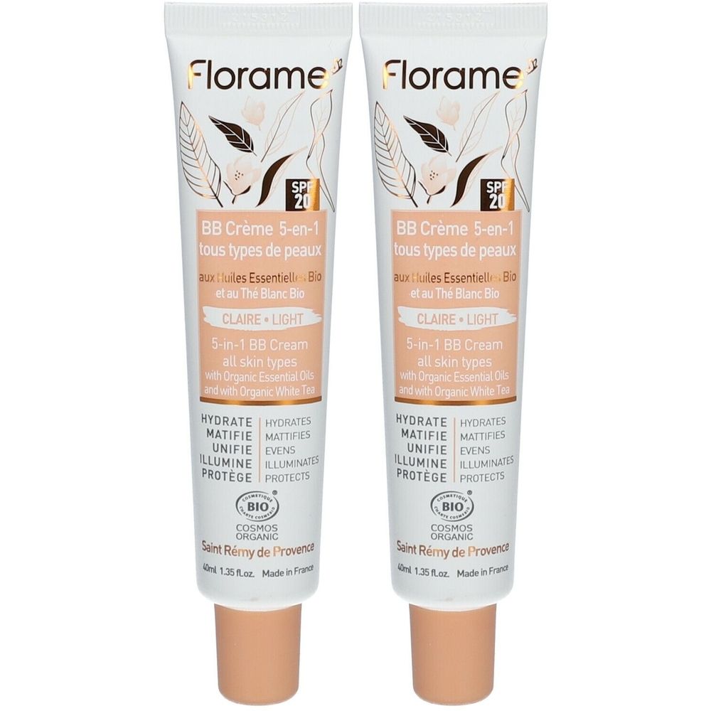 Zwei Tuben Florame BB Crème 5-en-1 Claire. Weiße Tuben mit Produktinformationen und dem Bio-Siegel. Beige Creme-Farbe.
