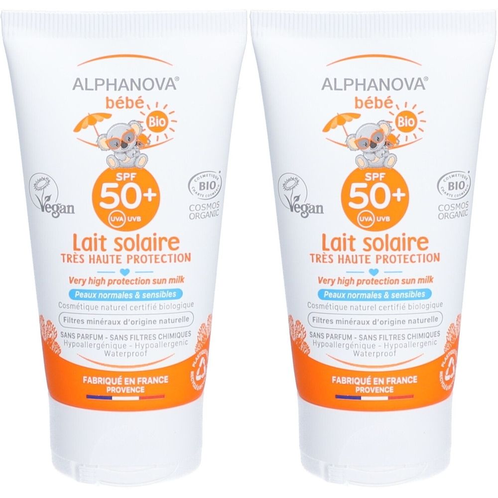 Zwei Tuben Sonnenmilch. Aufschrift: ALPHANOVA bébé, SPF 50+, Lait solaire, très haute protection. Bio-Zertifizierung, vegan.