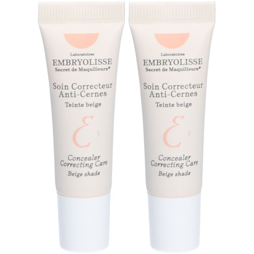 Zwei Tuben Concealer. Aufschrift: Embryolisse, Soin Correcteur Anti-Cernes, Teinte beige, Concealer Correcting Care.