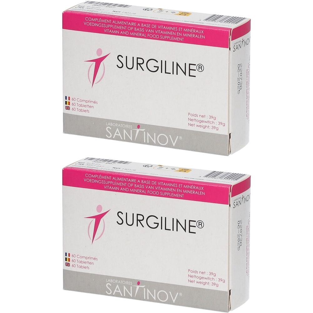 Deux boîtes blanches avec des accents roses. Inscription SURGILINE®, en dessous SANTINOV. Texte : Complément alimentaire à base de vitamines et minéraux.
