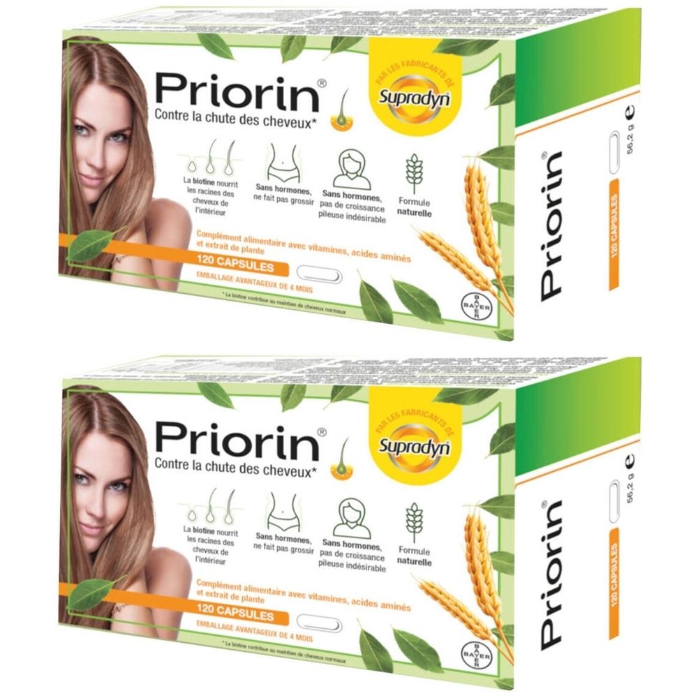 Deux boîtes de Priorin contre la chute des cheveux. Inscriptions : Priorin, Supradyn, 120 capsules. Image d'une femme avec des cheveux.