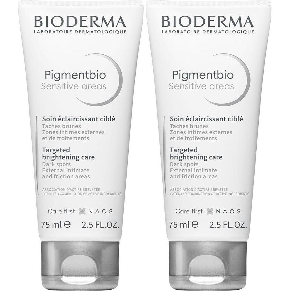 Deux tubes de Bioderma Pigmentbio. Blanc avec accents gris. Texte: Sensitive areas, Soin éclaircissant ciblé, Targeted brightening care.