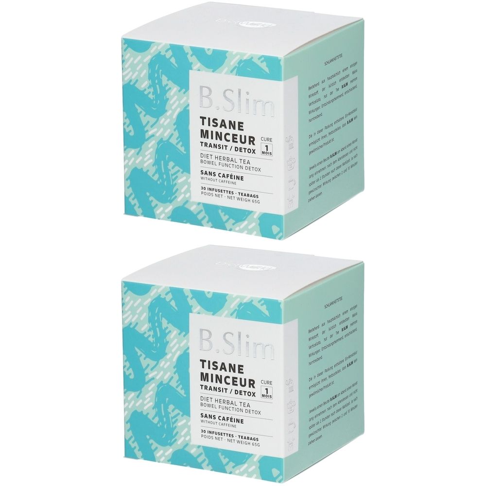Deux boîtes carrées avec informations produit. Inscription: B.Slim, Tisane Minceur, Transit/Detox, thé de plantes, sans caféine.