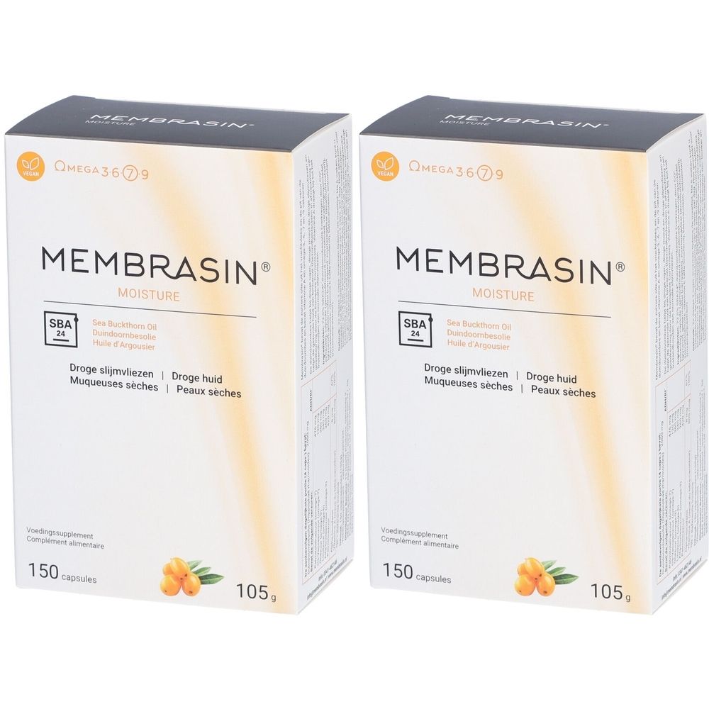 Deux boîtes Membrasin. Inscription : Moisture, SBA 24, Omega 3 6 9. 150 capsules. Illustration de baies.