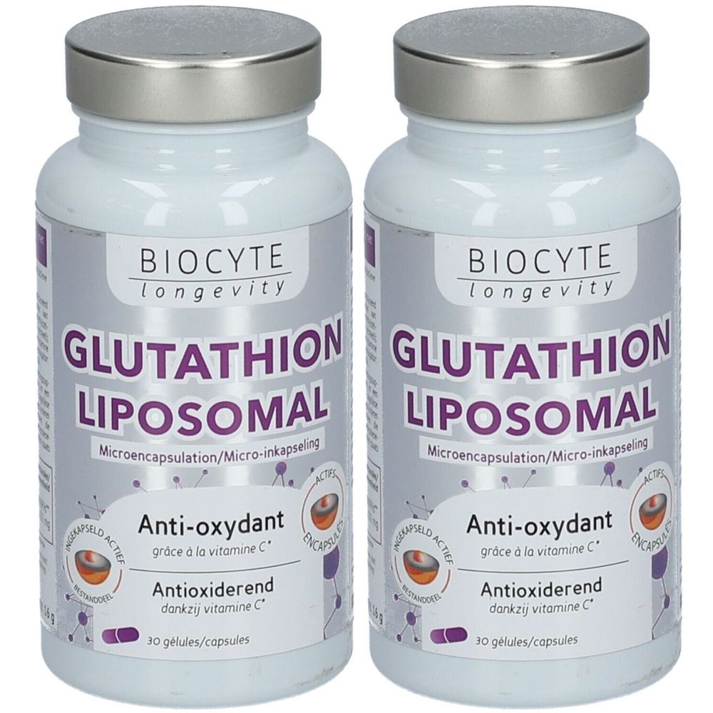 Deux flacons de BIOCYTE Glutathion Liposomal. Bouchons argentés. Contient 30 gélules. Anti-oxydant grâce à la vitamine C.