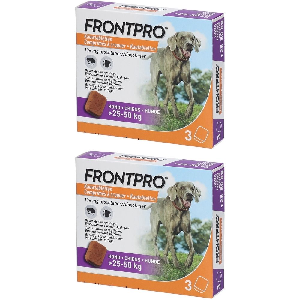 Deux boîtes de FRONTPRO comprimés à croquer pour chiens 25-50 kg. Inscription : FRONTPRO, 136 mg afoxolaner, symbole chien, 3 comprimés.