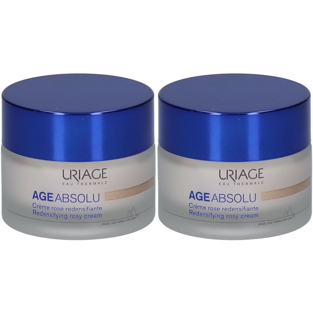 Deux pots de crème avec couvercles bleus. Inscription: URIAGE, AGE ABSOLU, Crème rose redensifiante.