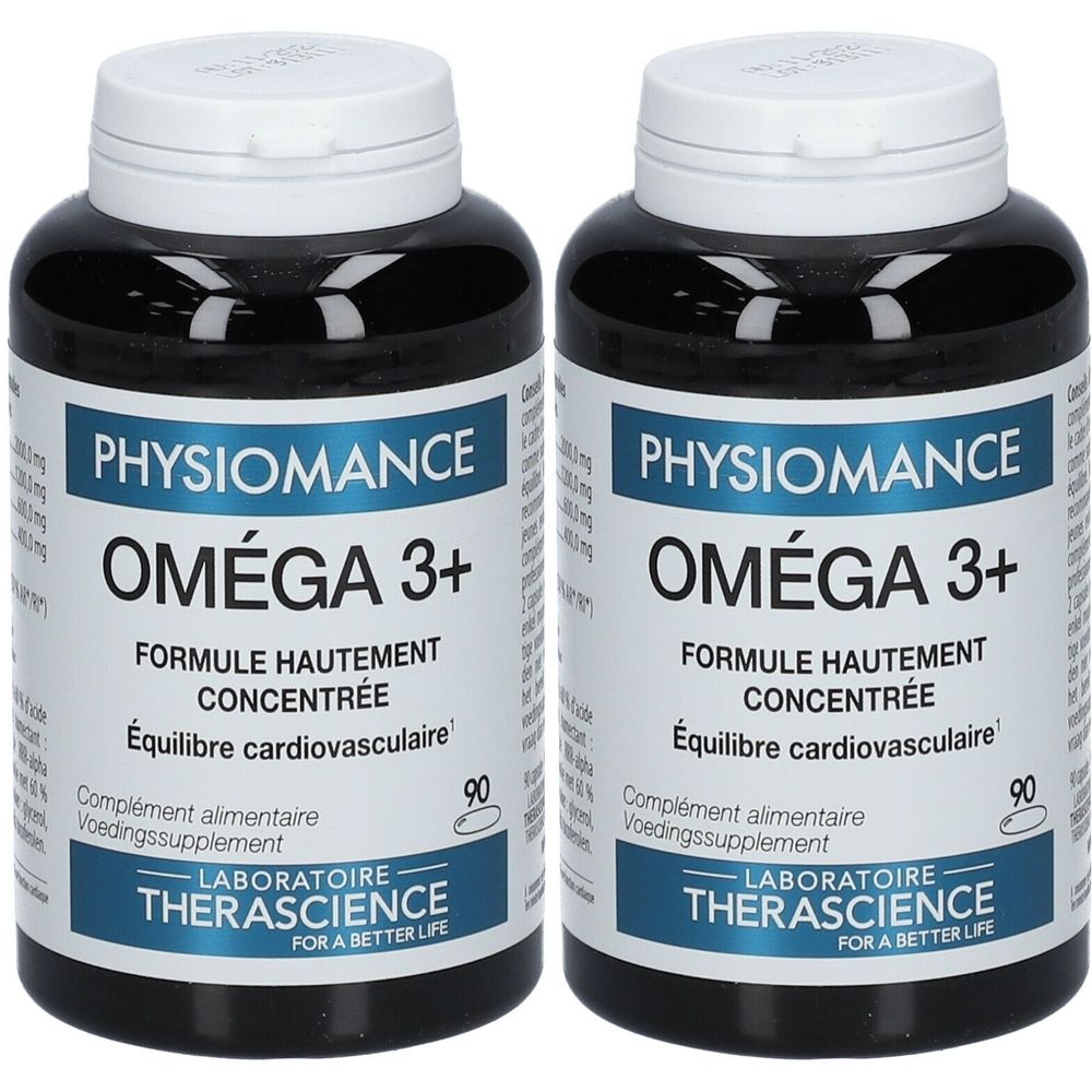 Deux flacons noirs avec bouchons blancs. Inscription: PHYSIOMANCE OMÉGA 3+. Formule hautement concentrée. 90 capsules. Laboratoire Therascience.