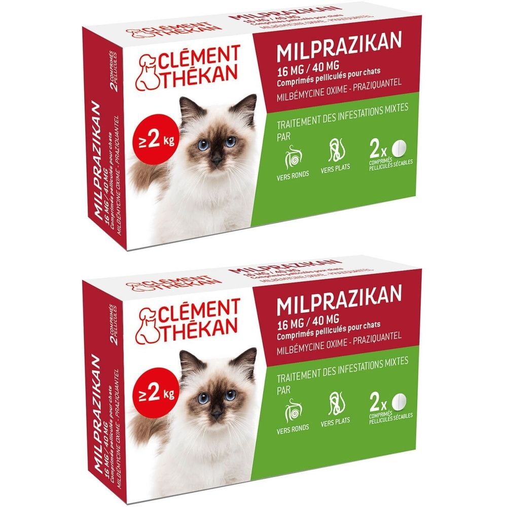 Deux boîtes de Milprazikan. Marque: Clément Thékan. Chat, 2 kg, 2 comprimés. Traitement des infestations mixtes.