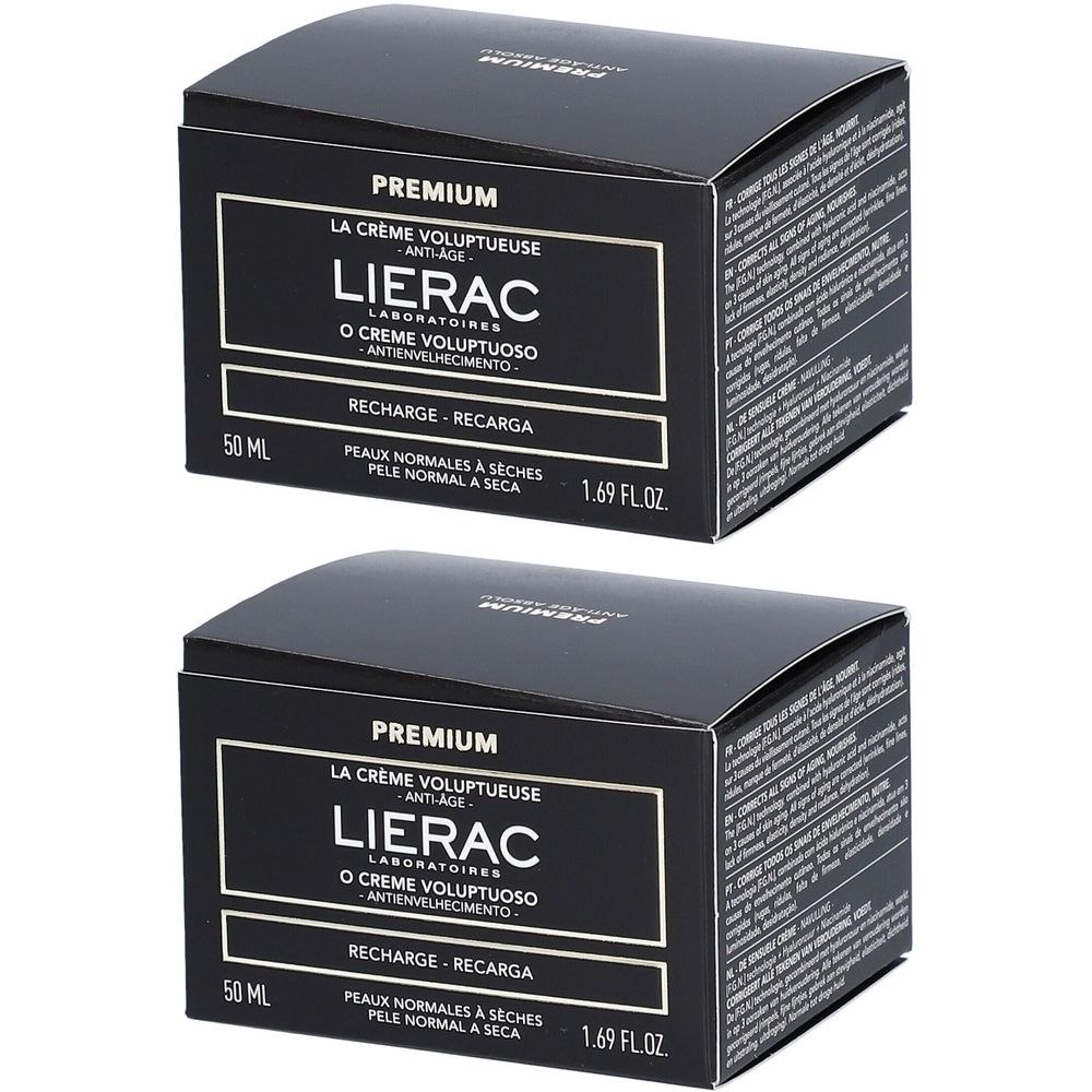 Deux boîtes noires. Inscription: Lierac Premium La Crème Voluptueuse, Anti-âge, 50 ml, Recharge.