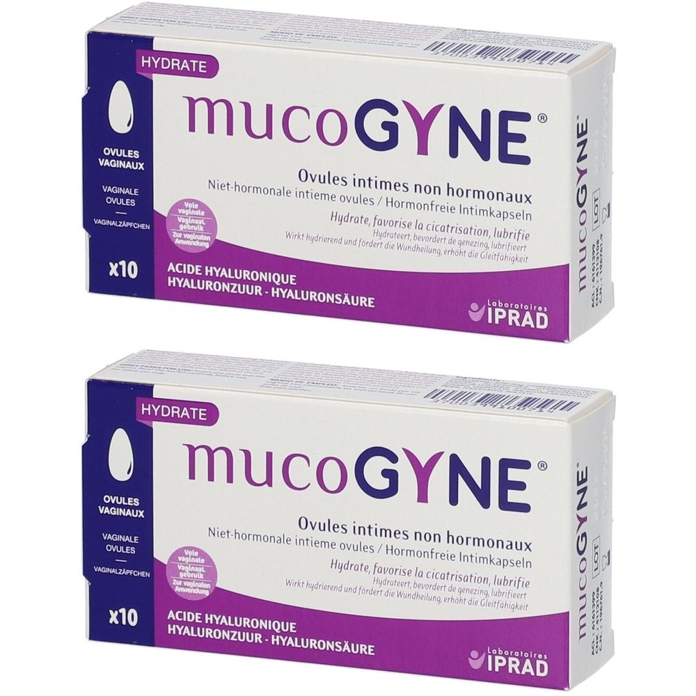 Deux boîtes de Mucogyne Ovules. Inscription : Ovules intimes non hormonaux, x10, Acide Hyaluronique. Marque IPRAD.