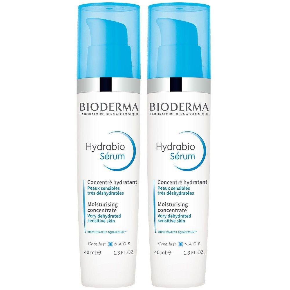 Deux flacons de BIODERMA Hydrabio Sérum. Flacons blancs avec pompe bleue. Texte: Concentré hydratant, Peaux sensibles, très déshydratées.