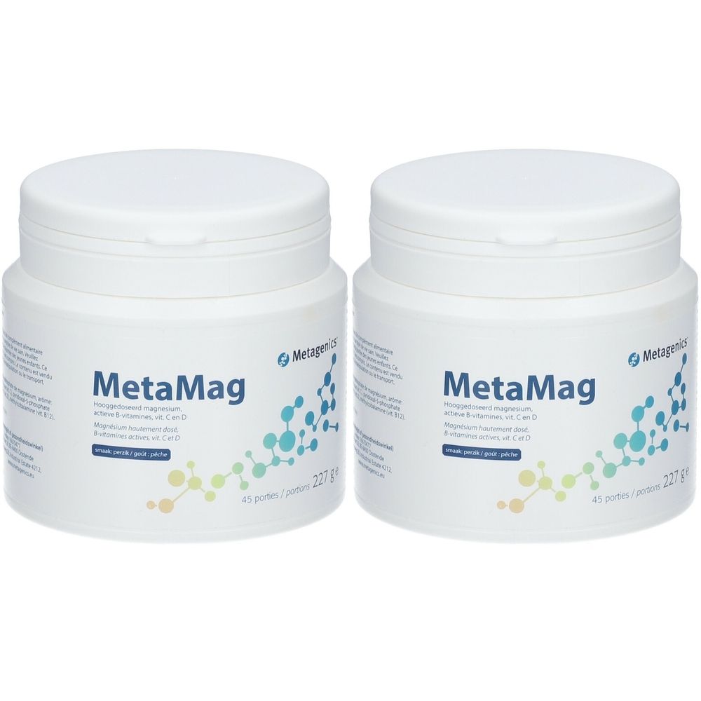 Deux pots blancs avec couvercles. Inscription MetaMag, logo Metagenics et informations produit. 45 portions, 227 g.