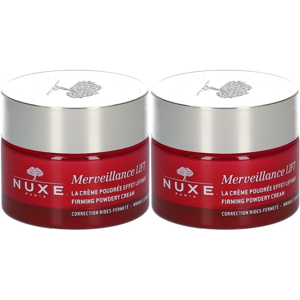 Deux pots rouges avec couvercles argentés. Inscription : Nuxe, Merveillance Lift, La Crème Poudrée Effet Liftant, Firming Powdery Cream.