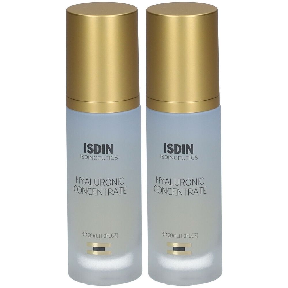 Deux flacons avec bouchons dorés. Inscription: ISDIN Isdinceutics Hyaluronic Concentrate. Bouteille bleue et transparente.
