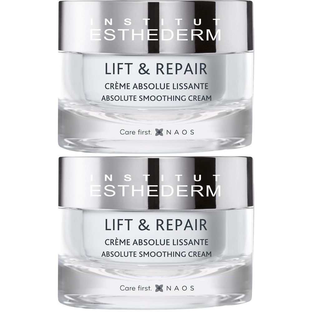 Deux pots de crème avec couvercles argentés. Inscription: Institut Esthederm, Lift & Repair, Crème Absolue Lissante, Absolute Smoothing Cream.