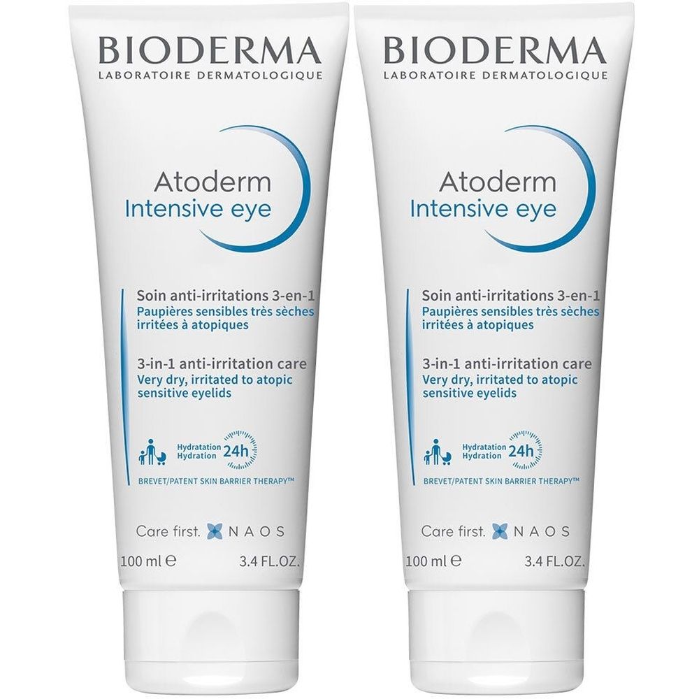 Deux tubes de BIODERMA Atoderm Intensive eye. Tubes blancs avec texte et logo bleus. Texte: Soin anti-irritations 3-en-1.