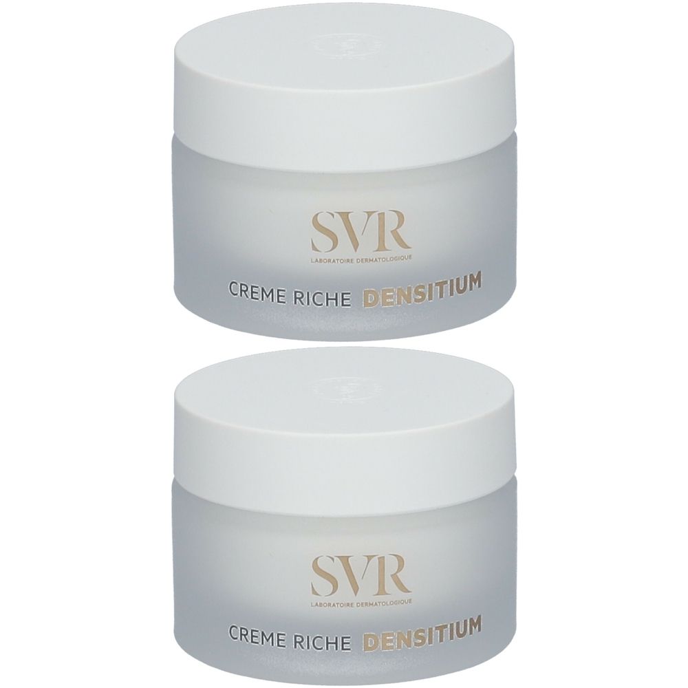 Deux pots de crème Riche Densitium SVR. Couvercles blancs, pots laiteux avec lettrage doré.