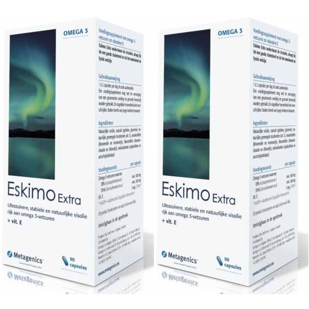 Deux boîtes blanches avec le texte Eskimo Extra. Le texte Omega 3 est en haut. D'autres informations sont imprimées sur l'emballage.