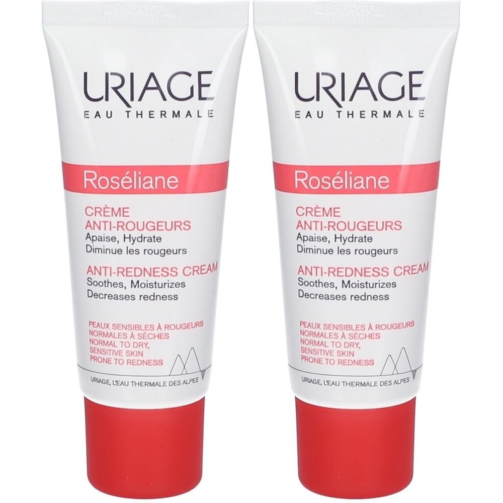 Deux tubes de crème Roséliane. Blanc, avec lettrage rouge et rose. Marque URIAGE. Texte : Anti-rougeurs, apaise, hydrate.