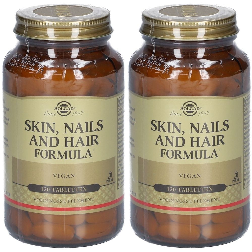 Deux flacons en verre brun avec des couvercles dorés. Les étiquettes indiquent "Skin, Nails and Hair Formula" et "Vegan".