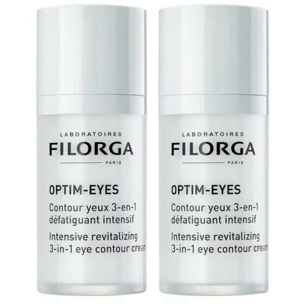 Deux flacons blancs avec texte noir. Chaque flacon porte "FILORGA OPTIM-EYES" et d'autres informations sur le produit.