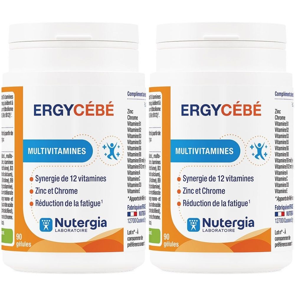Deux flacons blancs avec étiquettes orange et bleu. Inscription : ERGYCÉBÉ, Multivitamines, 90 gélules. Marque : Nutergia.