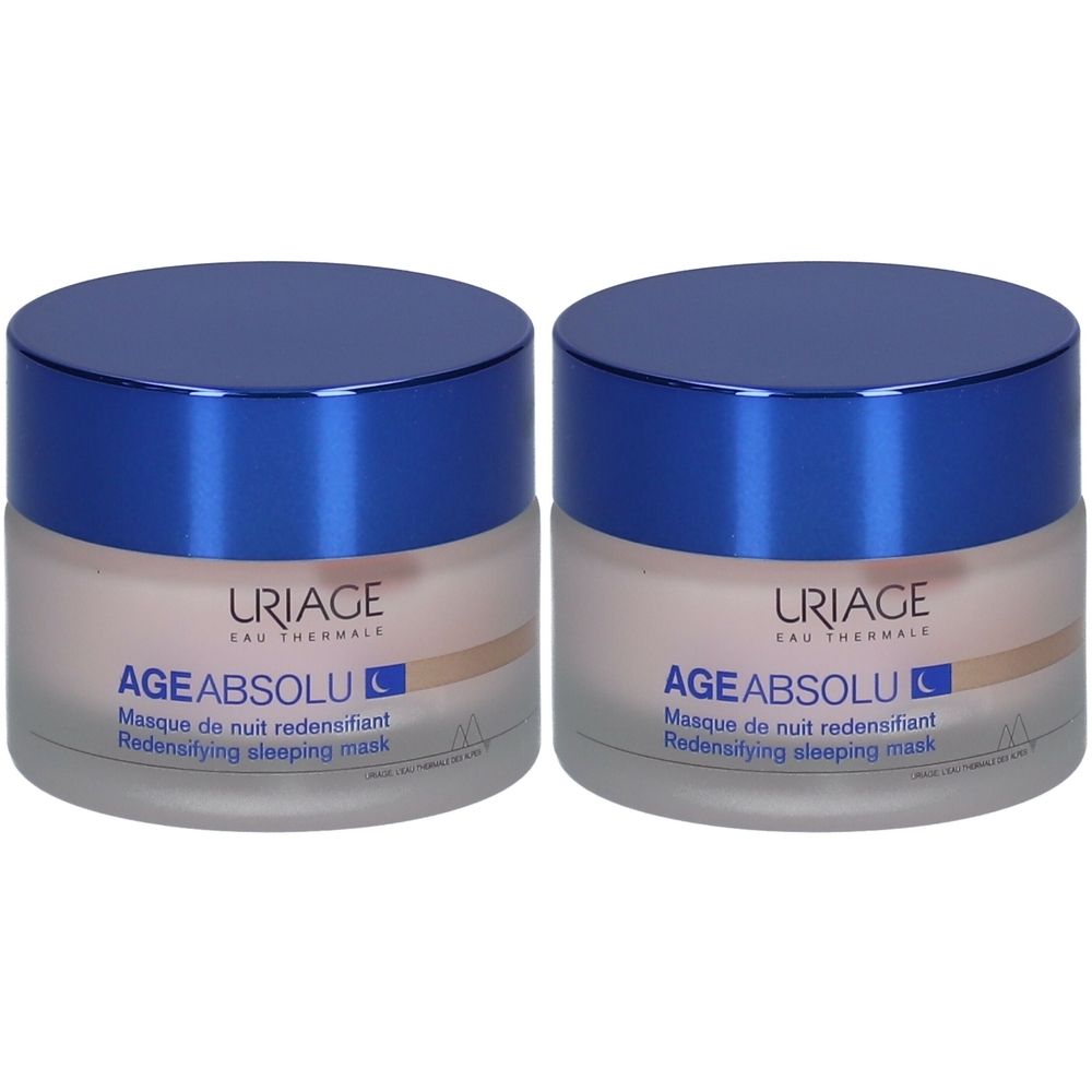 Deux pots avec couvercles bleus. Inscription: URIAGE AGE ABSOLU, Masque de nuit redensifiant, Redensifying sleeping mask.