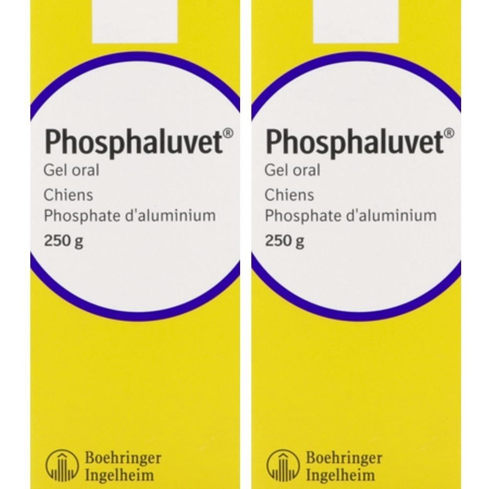 Deux emballages jaunes avec cercle bleu. Inscription: Phosphaluvet, Gel oral, Chiens, Phosphate d'aluminium, 250 g. Logo Boehringer Ingelheim.