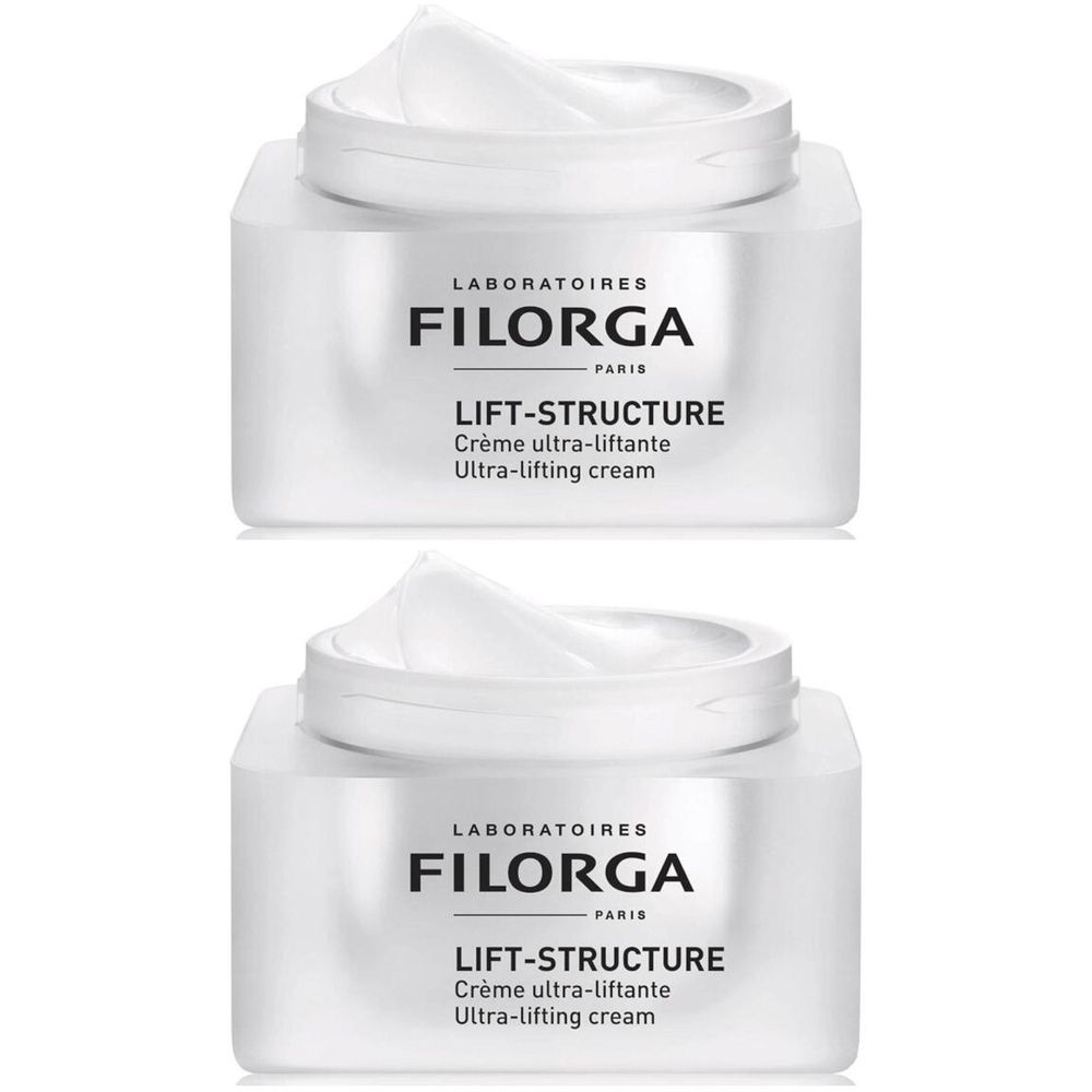 Deux pots de crème ouverts. Inscription: FILORGA LIFT-STRUCTURE Crème ultra-liftante. Produit blanc dans des contenants carrés.