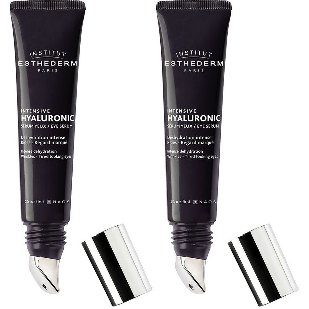 Deux tubes de sérum pour les yeux. Tubes noirs avec applicateurs argentés. Inscription: Institut Esthederm, Intensive Hyaluronic.