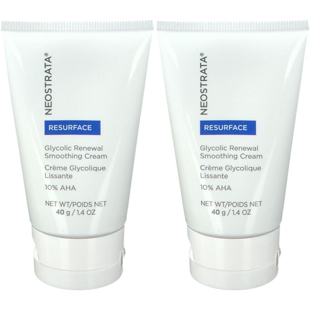 Deux tubes blancs avec bouchons blancs. Inscription: NEOSTRATA, RESURFACE, Glycolic Renewal Smoothing Cream, 10% AHA.