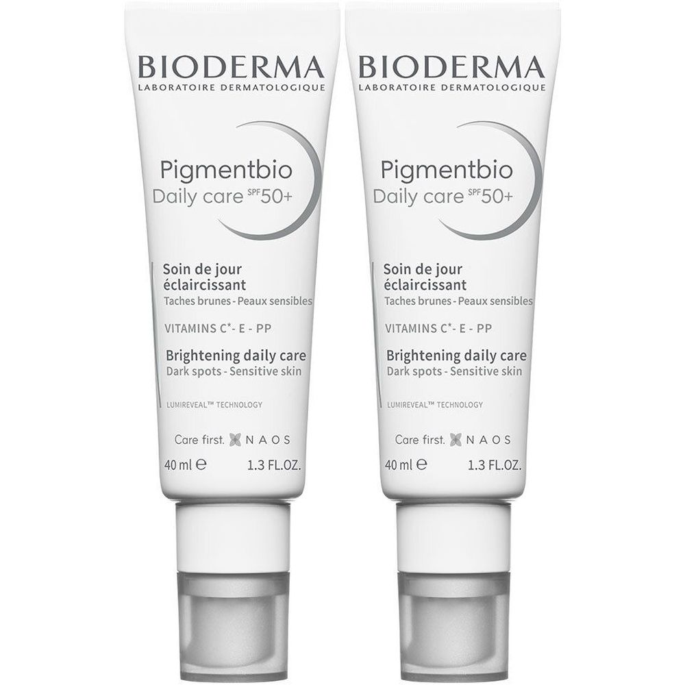 Deux tubes de Bioderma Pigmentbio Daily care SPF50+. Tubes blancs avec texte gris. Contient 40 ml.