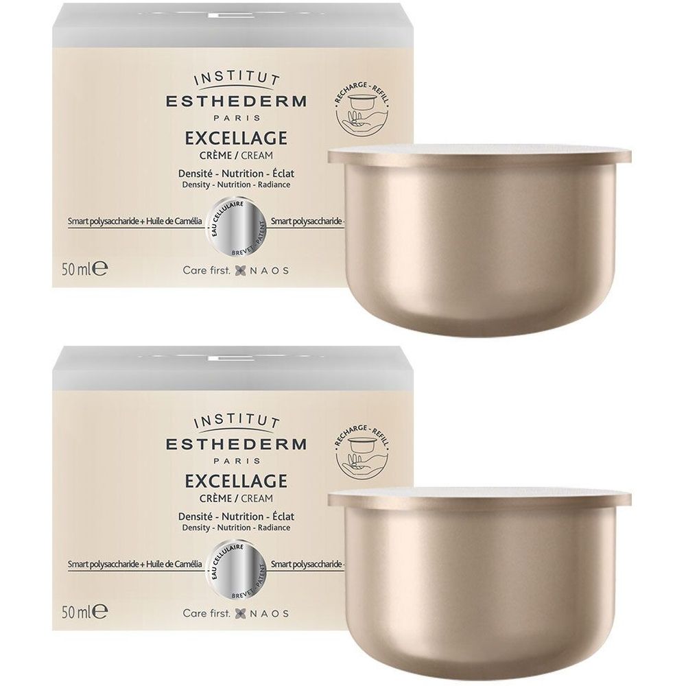 Deux pots de crème et leurs emballages. Sur les emballages, on lit INSTITUT ESTHEDERM, EXCELLAGE CRÈME/CREAM. Aucun texte visible sur les pots.
