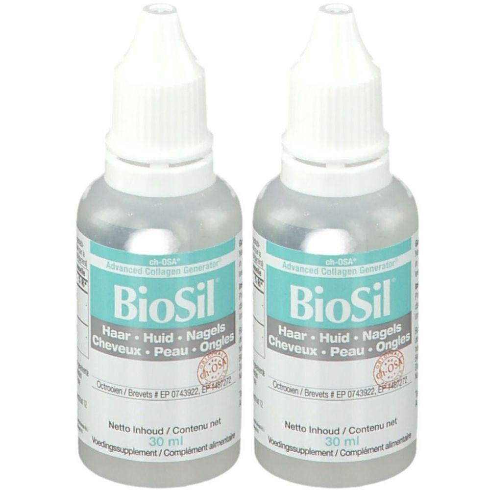 Deux flacons de BioSil. Inscription : Cheveux, Peau, Ongles. Flacons avec bouchon blanc et étiquette turquoise.