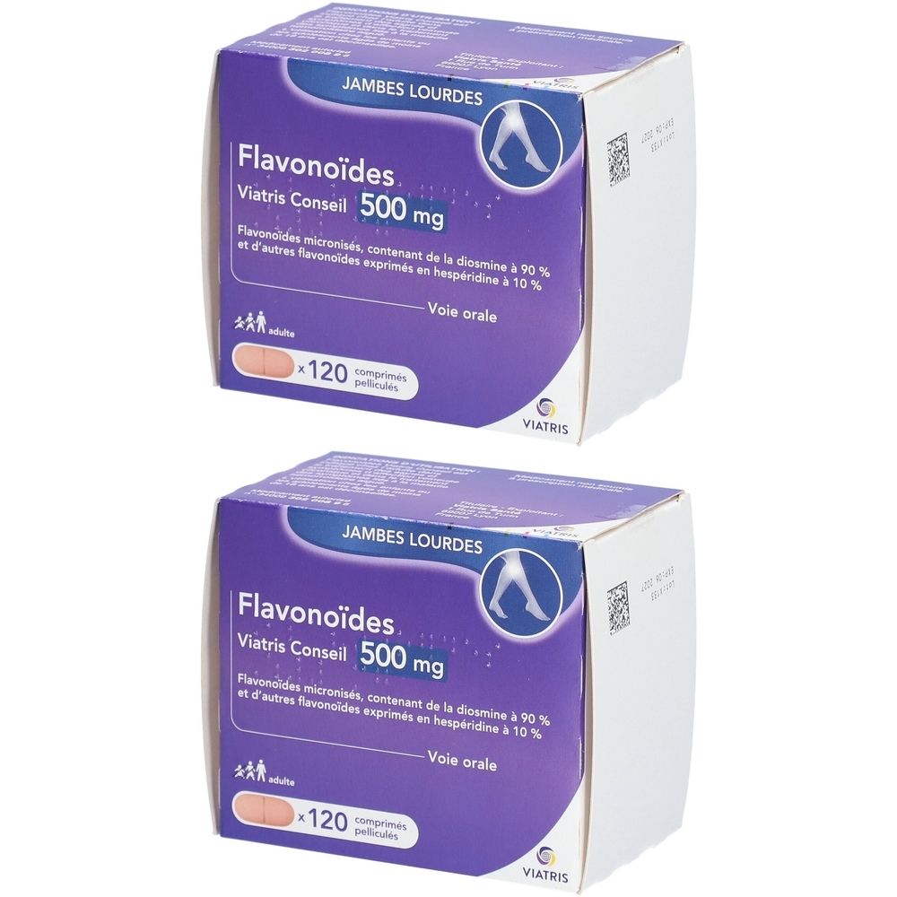 Deux boîtes de Flavonoïdes Viatris Conseil 500 mg. Emballage violet avec texte blanc. Contient 120 comprimés.