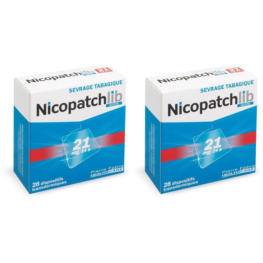 Deux boîtes de Nicopatchlib. Inscription : 21 mg/24 h, 28 dispositifs transdermiques. Emballage bleu et blanc avec une bande rouge.
