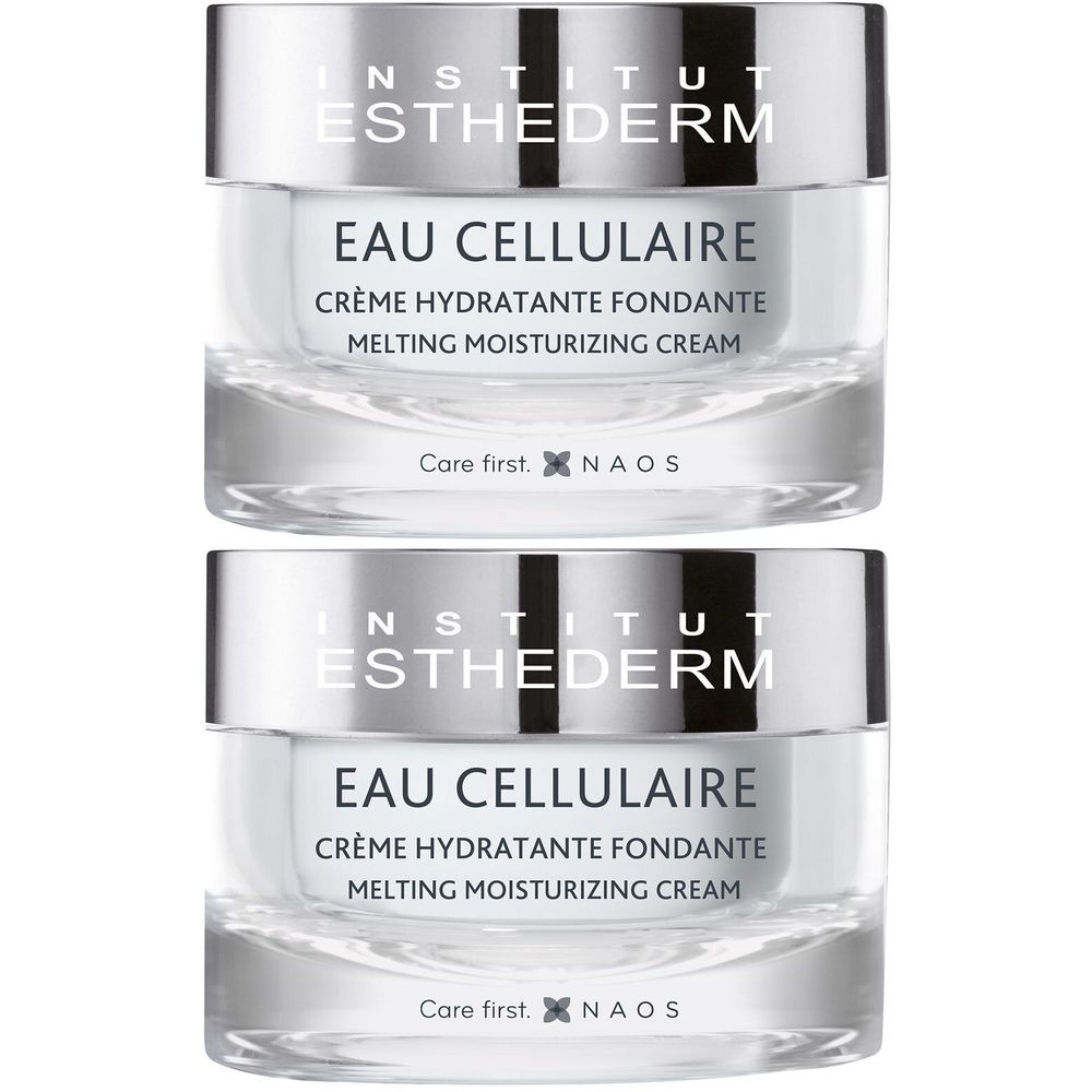 Deux pots de crème avec couvercles argentés. Inscription: Institut Esthederm, Eau Cellulaire, Crème hydratante fondante, Melting Moisturizing Cream.