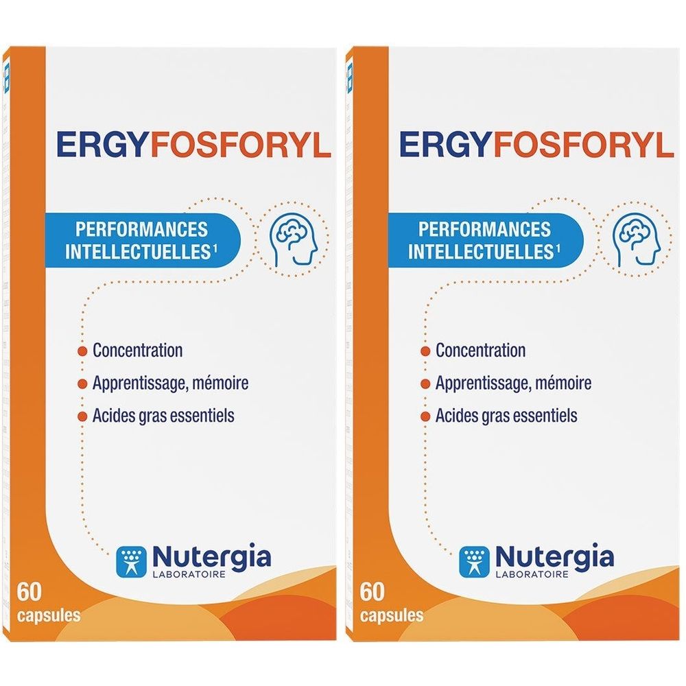 Deux boîtes de Nutergia Ergyfosforyl. Inscription : Performances Intellectuelles, Concentration, Apprentissage, mémoire, acides gras essentiels.