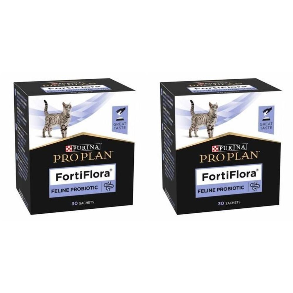 Zwei Kartons mit "PURINA PRO PLAN FortiFlora Feline Probiotic". Schwarze Verpackung mit Katze und Produktnamen.
